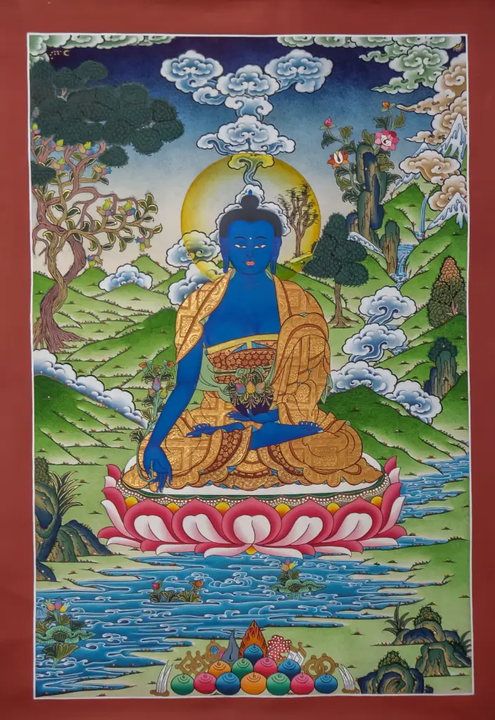 Medicine Buddha Thangka – 24K Gold Detail – Radiance of Lapis Light