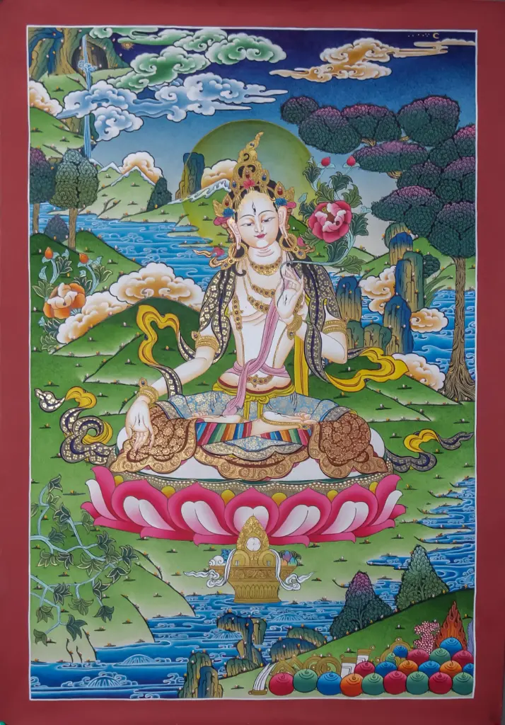 White Tara Thangka – Terrestrial Menri Landscape – Compassion and Long Life