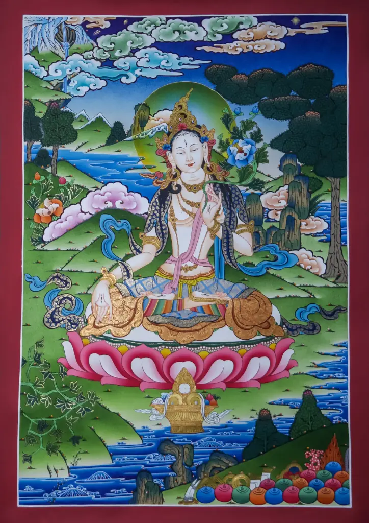 White Tara Thangka – Terrestrial Menri Landscape – Compassion and Long Life
