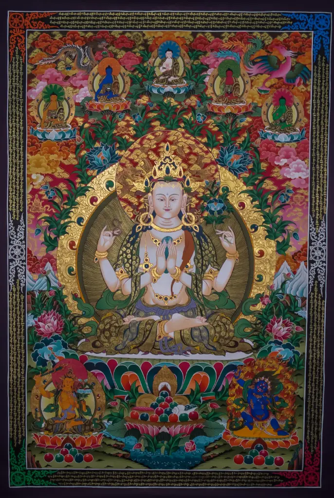 Chenrezig Thangka – Floral Throne Assembly – Ocean of Compassion