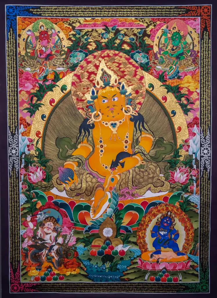 Yellow Jambhala Thangka – Five Jambhala Assembly – Wealth Rooted in Wisdom