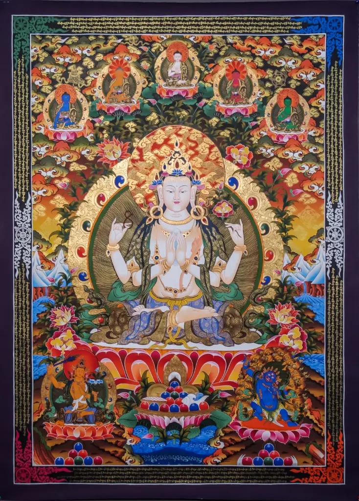 Chenrezig Thangka – Floral Throne Assembly – Ocean of Compassion 