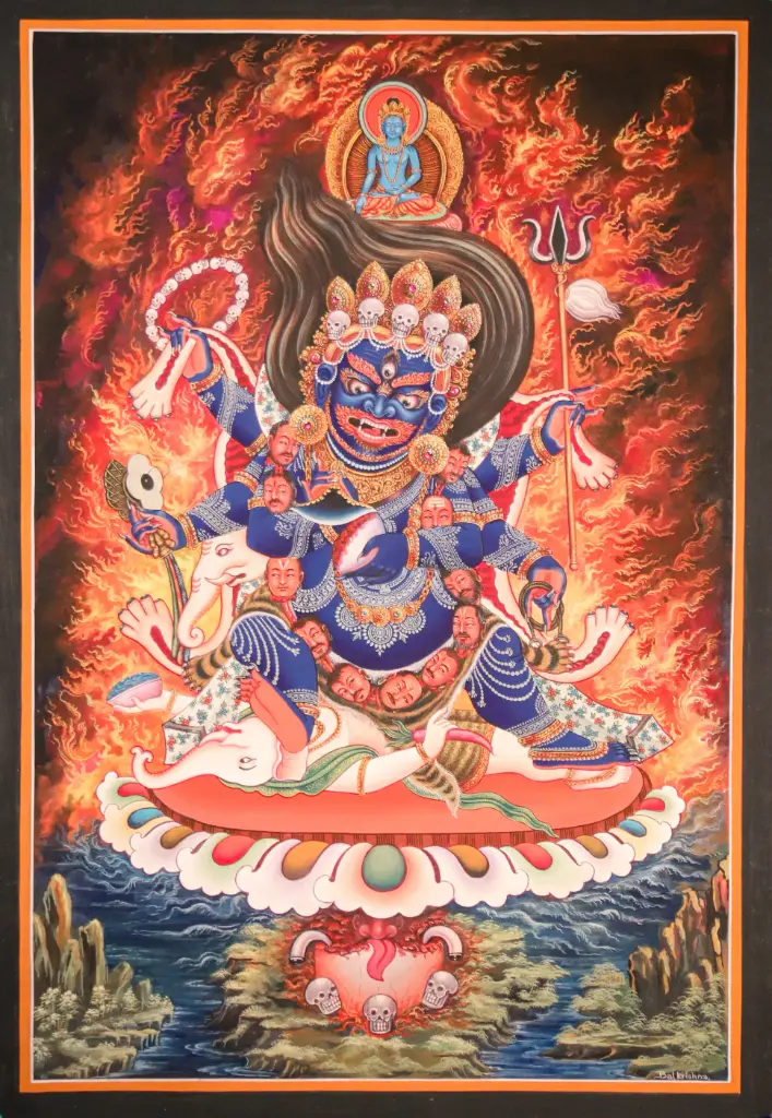 Six-Arm Mahakala Thangka – Akshobhya Buddha Wisdom – Newari Gold