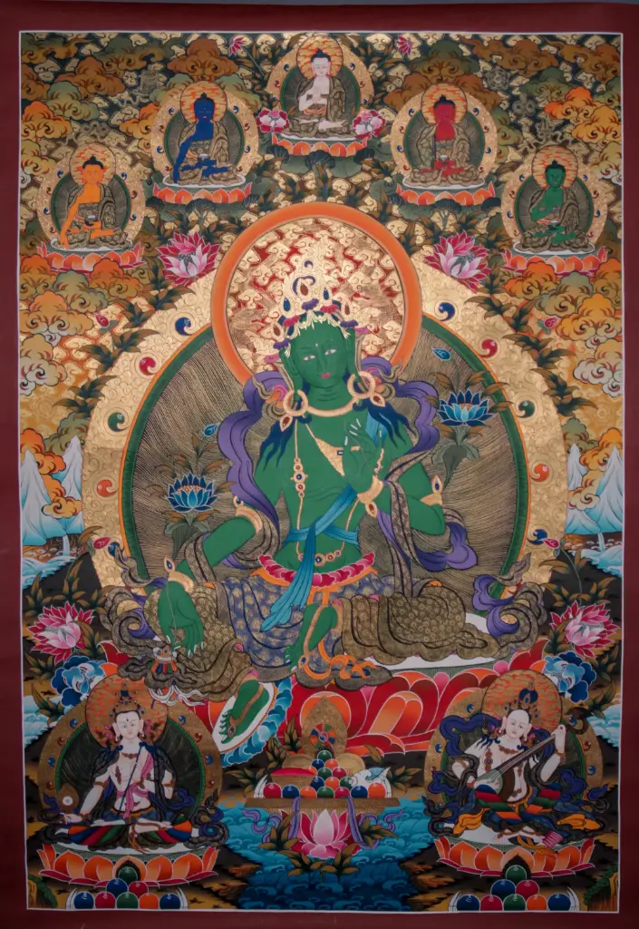 Green Tara Menri Thangka with Five Dhyani Buddha 