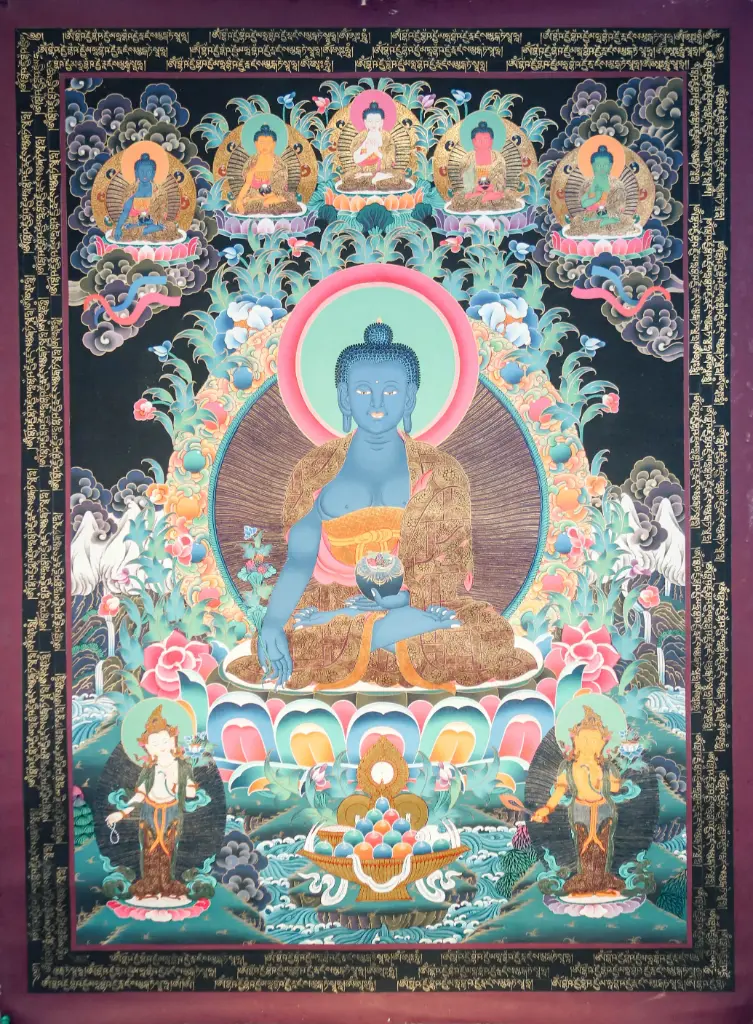 Medicine Buddha Thangka with Mantra Border – Nagthang Style – Ultimate Healing Assembly