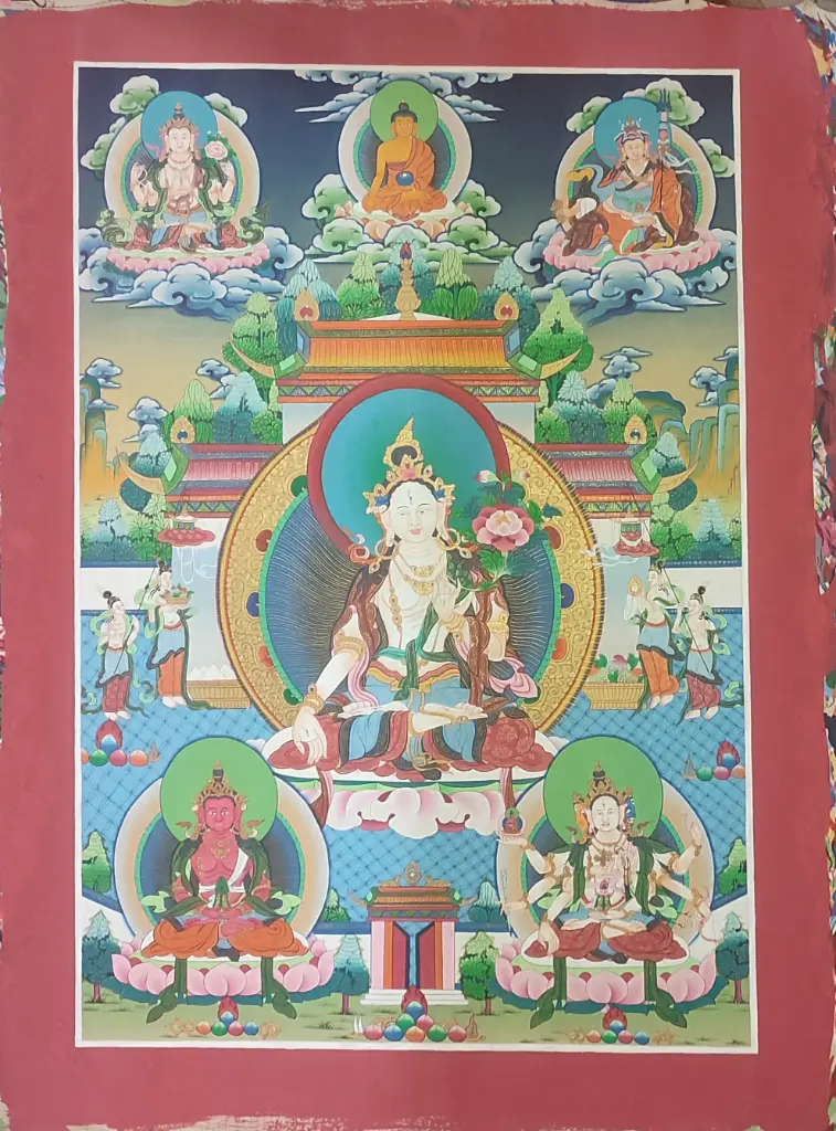 White Tara Thangka – Five-Deity Assembly – Sanctuary of Boundless Longevity