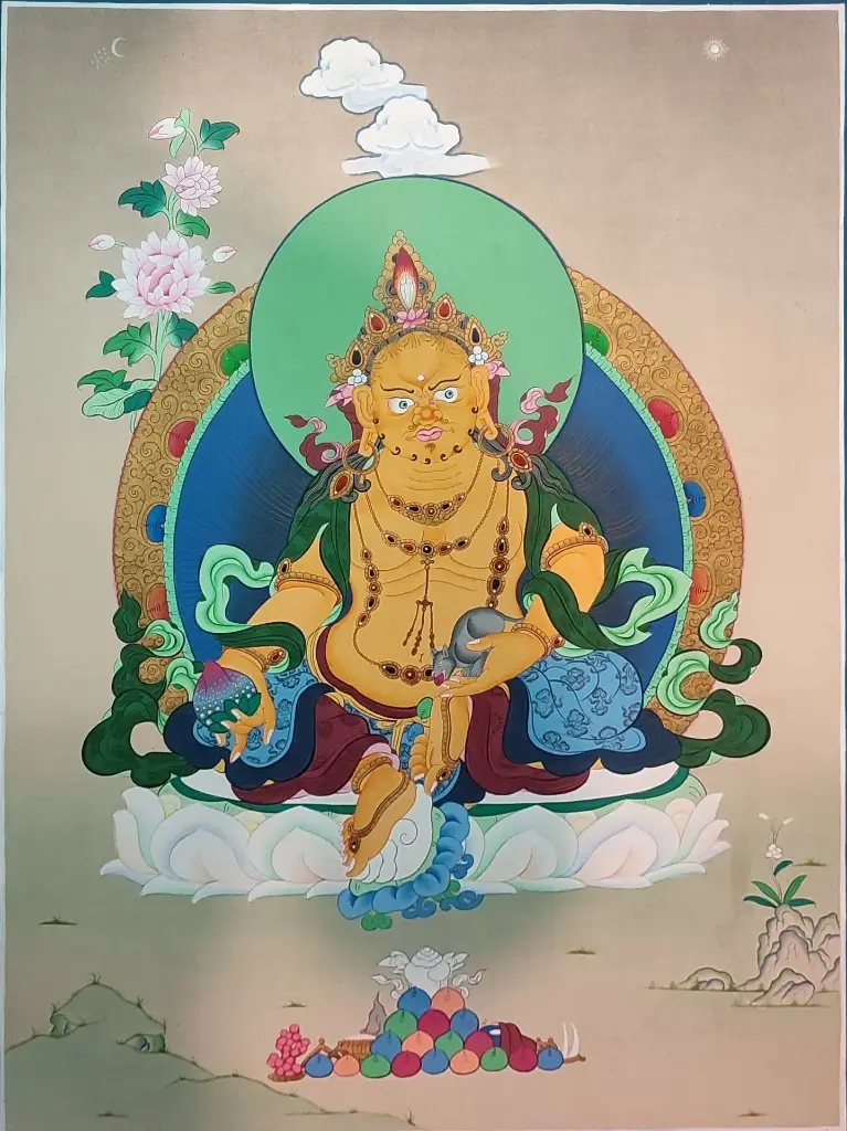 Yellow Jambhala Thangka (Tibetan Karma Gadri Style) God of Wealth and Generosity