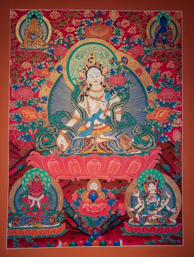 White Tara, Shakyamuni, and Medicine Buddha Thangka – Red Menri