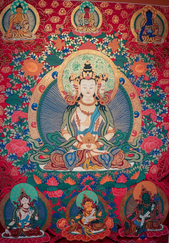 Sarvavid Vairocana Thangka – Red Menri Gold – All-Knowing Wisdom