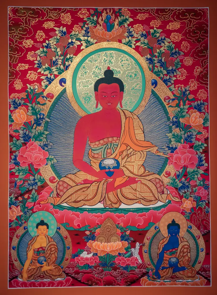 Amitabha, Shakyamuni, and Medicine Buddha Thangka – Red Serthang