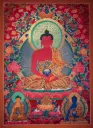 Amitabha, Shakyamuni, and Medicine Buddha Thangka – Red Serthang