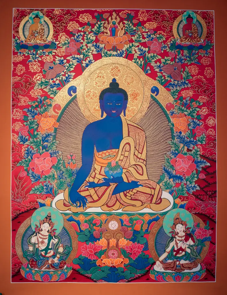 Medicine Buddha, Shakyamuni, Amitabha, Vajrasattva, & White Tara Thangka