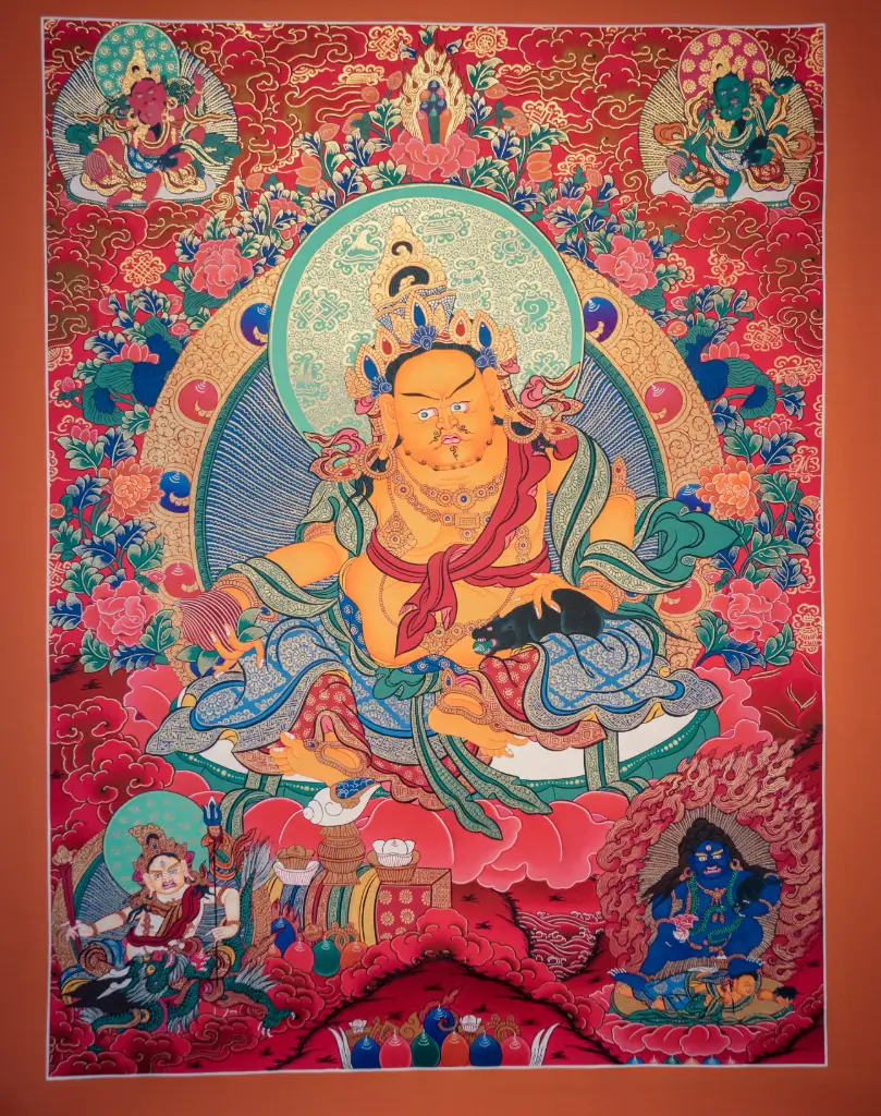 Yellow Jambhala Thangka – Five Wealth Deities – Sacred Abundance Art