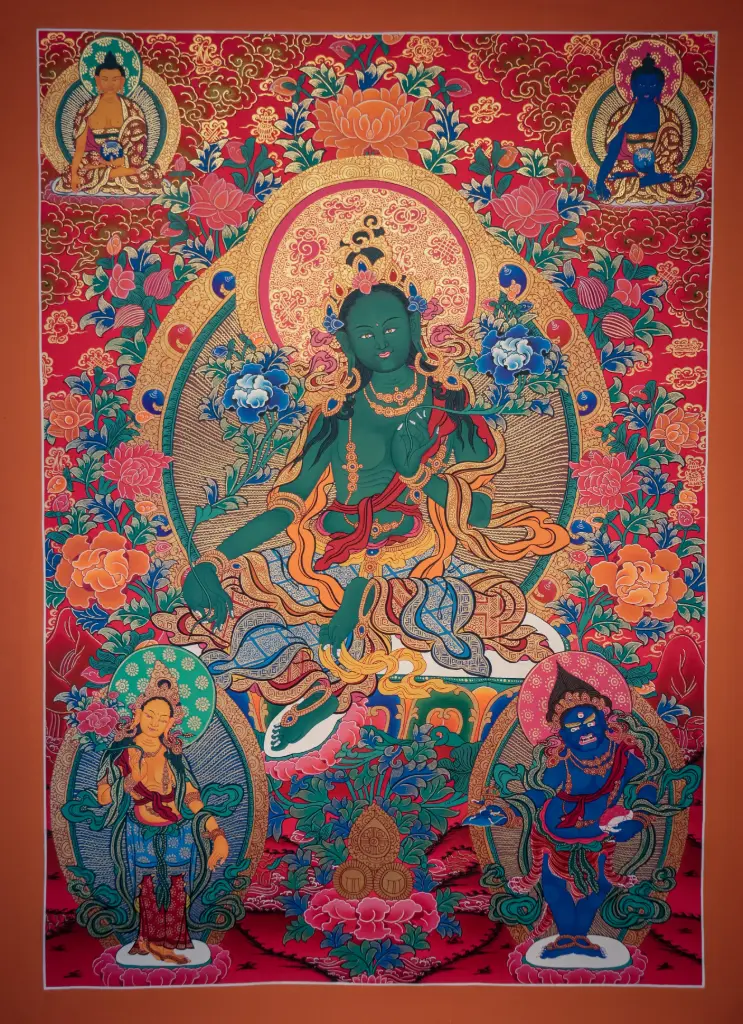 Green Tara, Shakyamuni, & Medicine Buddha Thangka – Menri Style 