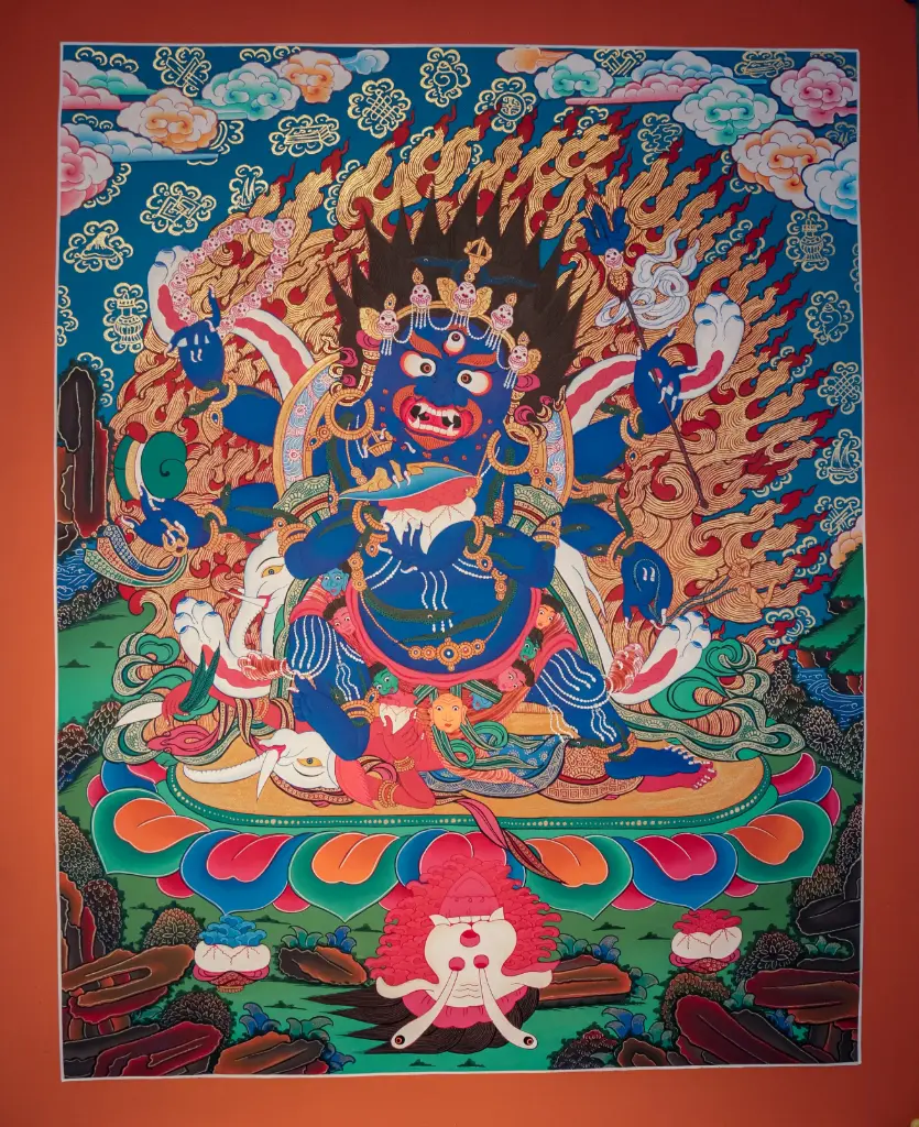 6-Arm Black Mahakala Thangka – Shadbhuja Protection – Menri Style