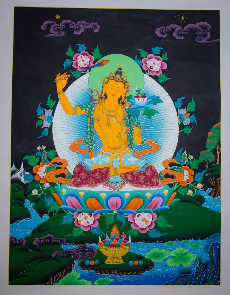 Manjushri Thangka – Nagthang Style (Black Background Thangka)