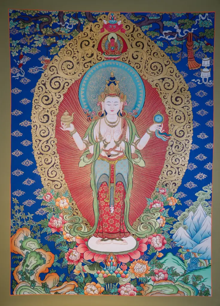 Chenrezig Drowa Kundrol Thangka With Amitabha Buddha Blessing– Standing Esoteric Form – Menri Style