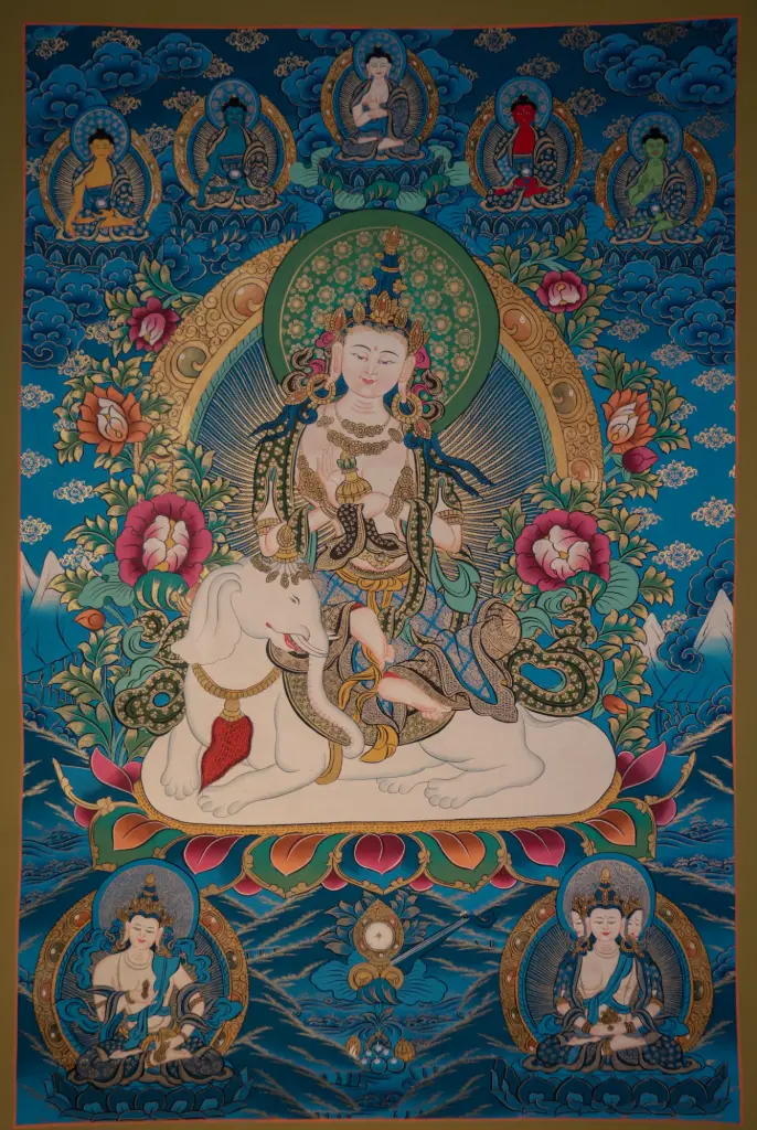 Samantabhadra Bodhisattva Thangka – White Elephant Mount – Menri Tradition