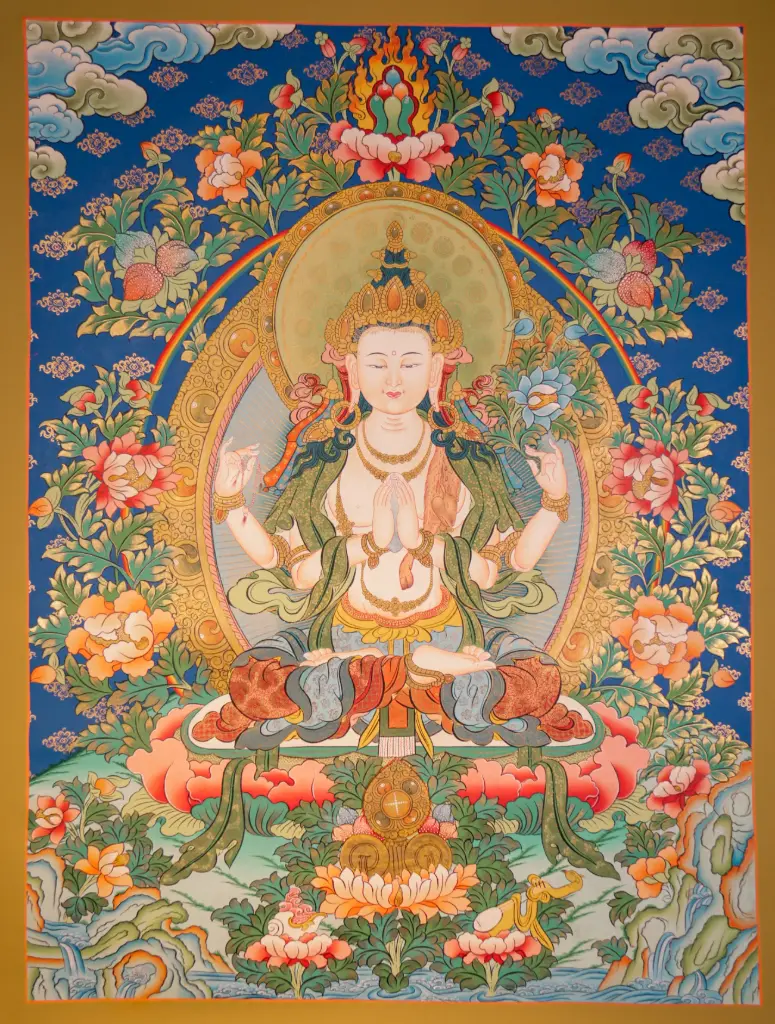 Four-Armed Chenrezig Menri Thangka – Cintamani in Namaskara Mudra