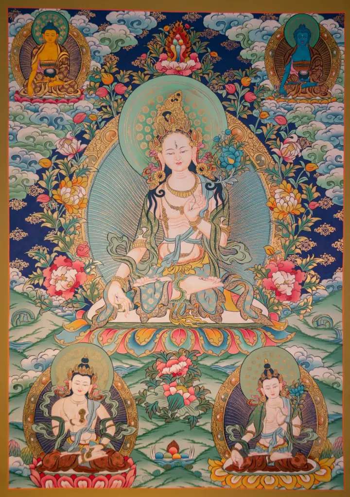 White Tara Thangka with Five Dhyani Buddhas and Vajrasattva - Menri Style Tibetan