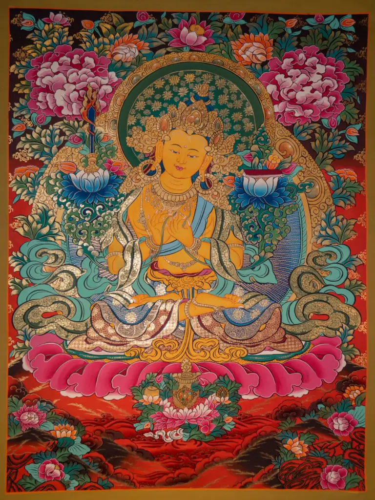 Manjughosha Thangka – Twin Lotus Attributes – Menri Style