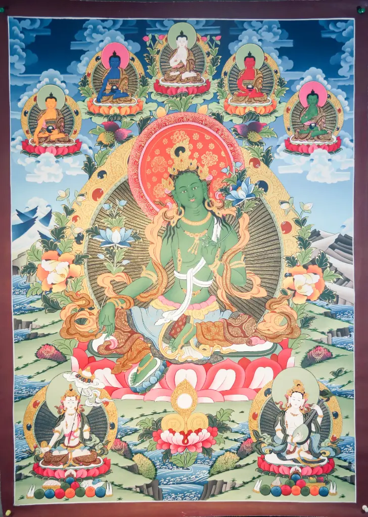 Green Tara Thangka – Five Dhyani Assembly