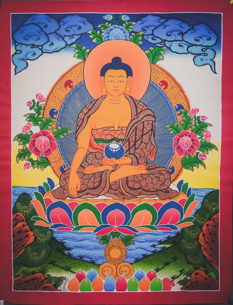 Shakyamuni Buddha Thangka – Luminous Tibetan Landscape – Find Your Grounding