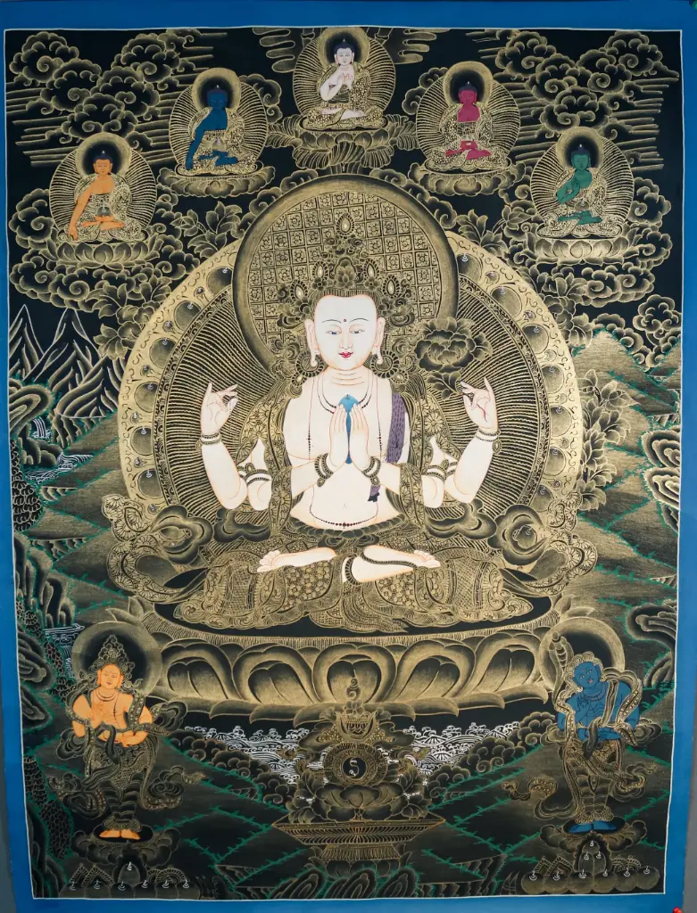 Chenrezig Thangka – Radiant Gold on Black – Nagthang Menri Tradition
