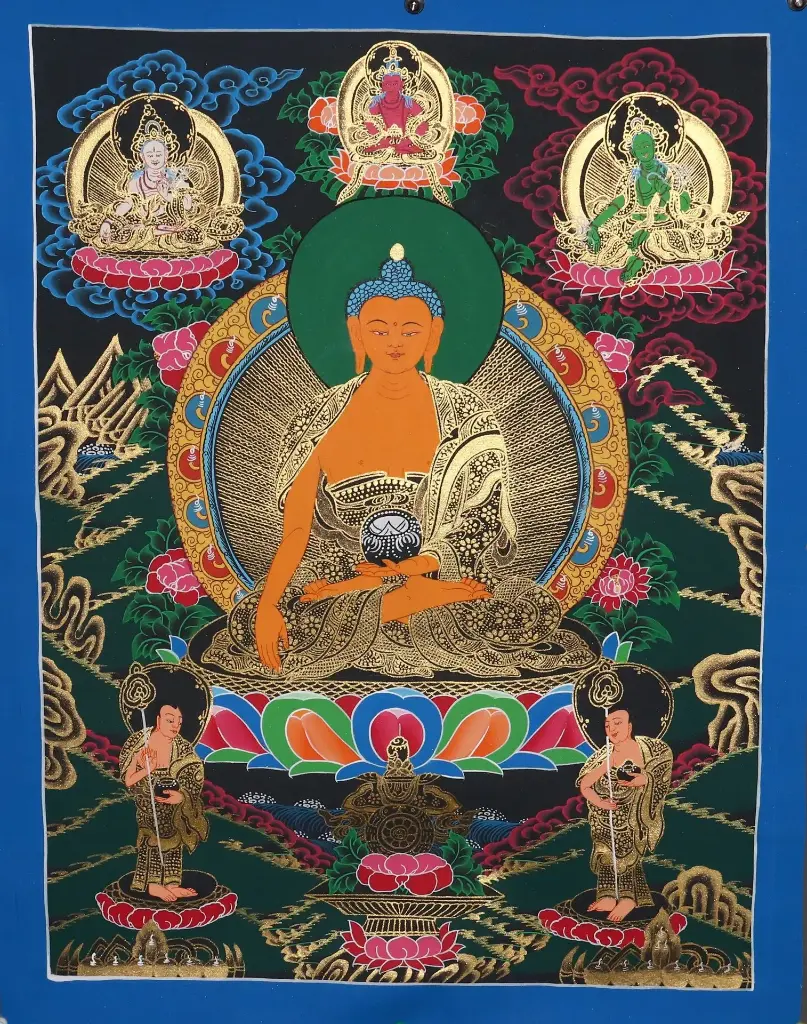 Shakyamuni Buddha Thangka with Sacred Assembly  - Original Buddhist Art to Awaken Inner Peace