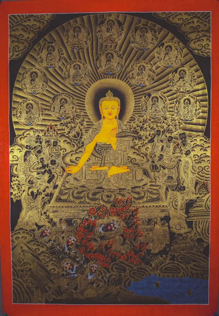Shakyamuni Buddha Thangka – Nagthang Robe-Holding Assembly – Golden Light in Darkness