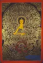 Shakyamuni Buddha Thangka – Nagthang Robe-Holding Assembly – Golden Light in Darkness