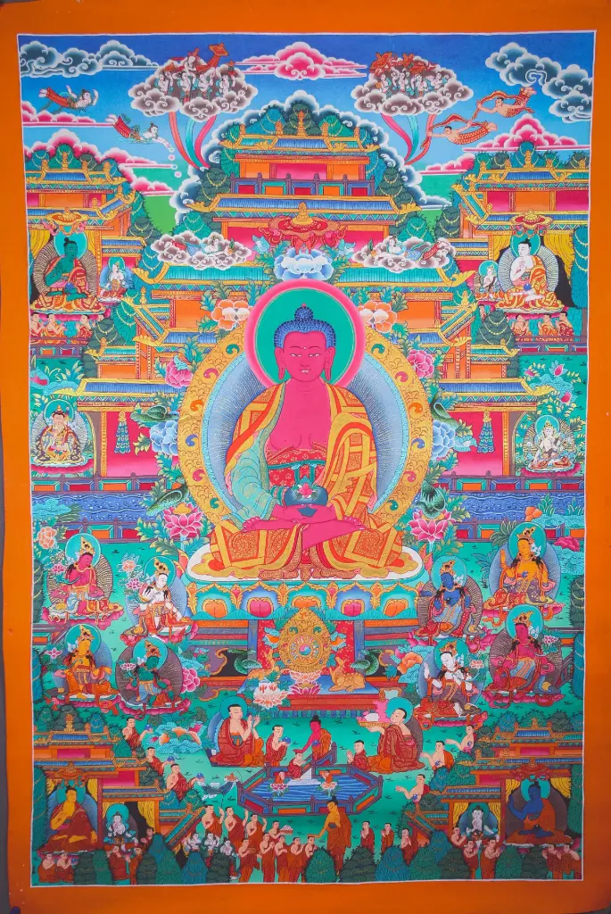 Amitabha Buddha Thangka – Sukhavati Assembly
