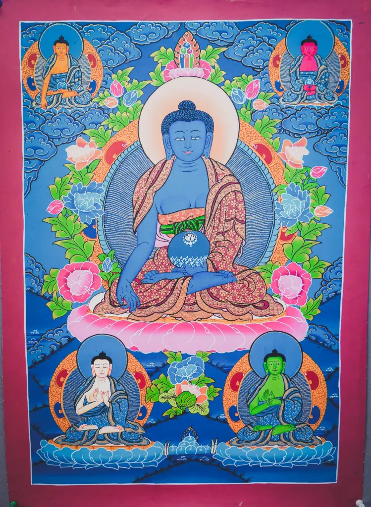 Medicine Buddha Thangka – Five Deity Menri Assembly