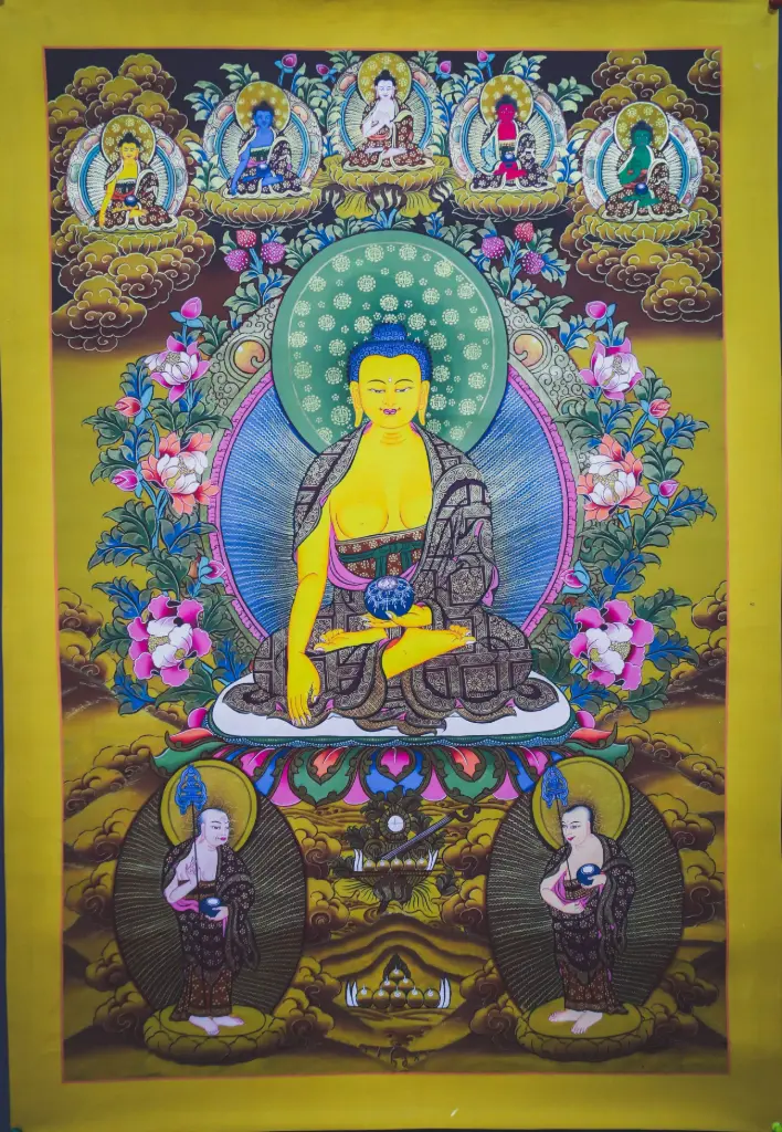 Shakyamuni Buddha Thangka –Masterpiece with Five Dhyani Buddhas – The Golden Radiance of Dharma