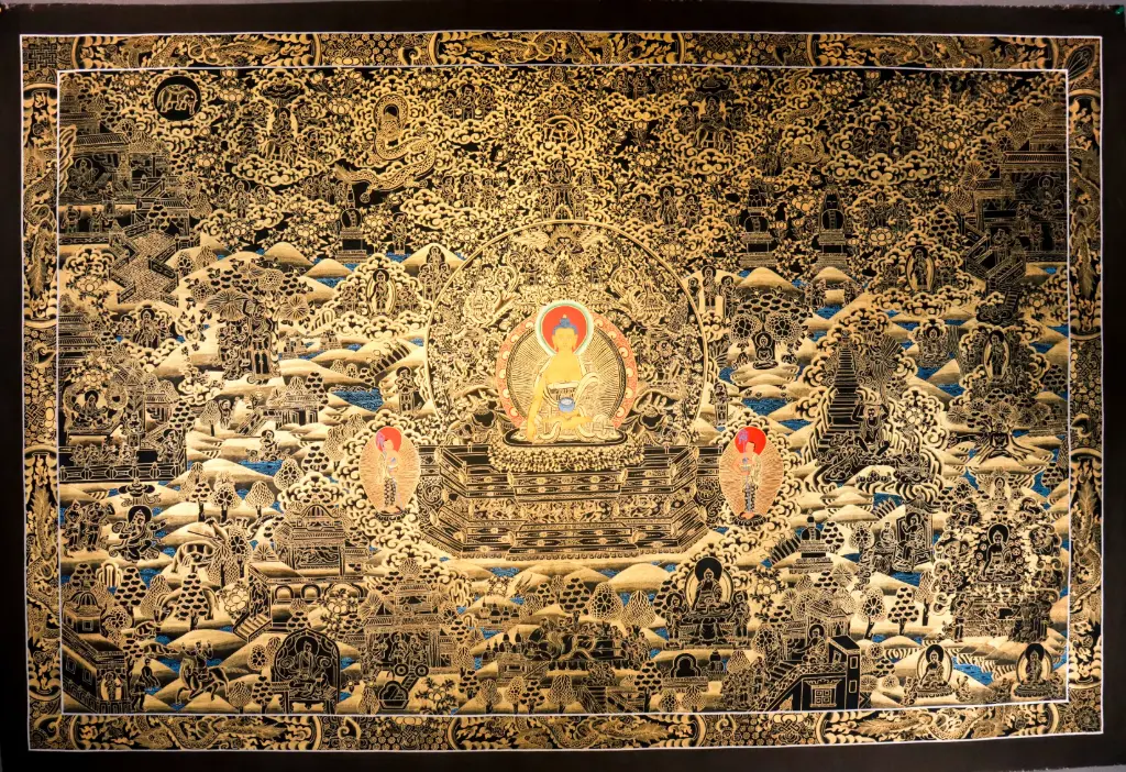 Shakyamuni Buddha Life Thangka – 12 Deeds of Buddha Life – Nagthang Style 