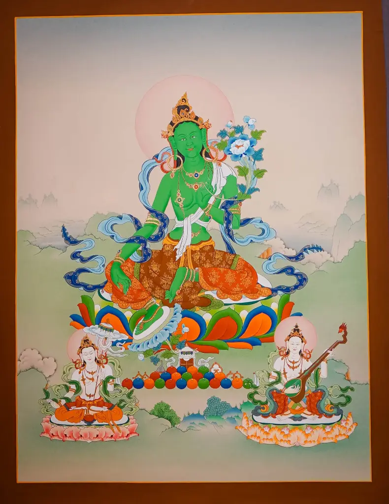 Green Tara, Sitapatra & Saraswati Thangka (Karma Gadri)