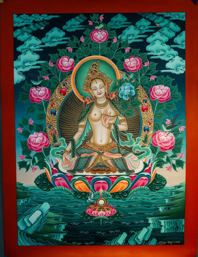 White Tara Thangka – 24K Gold Relief – The Ocean of Healing