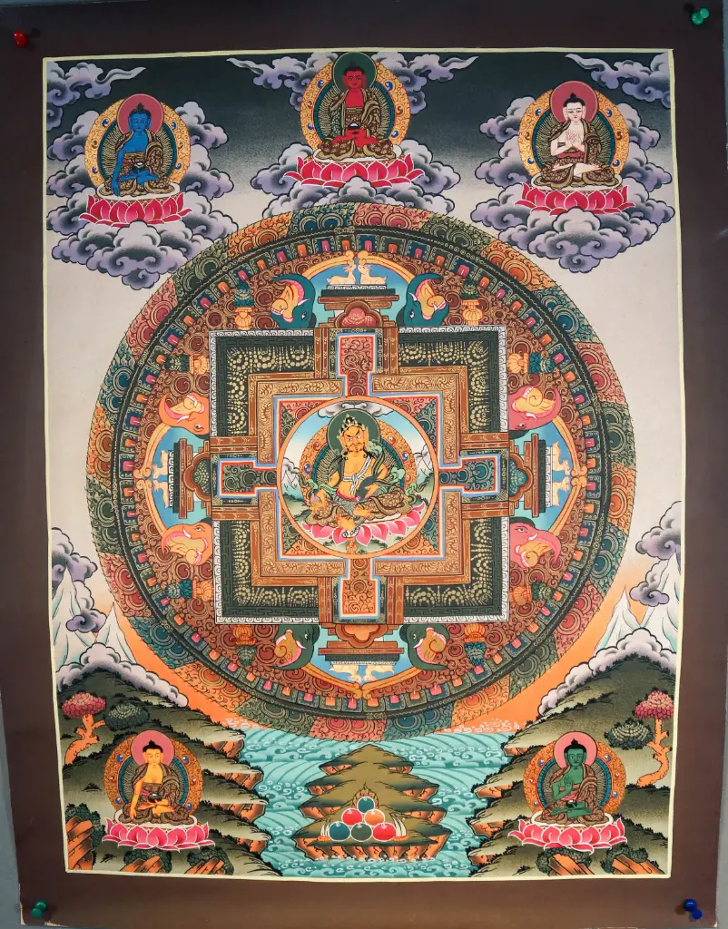 Yellow Jambhala Thangka – Palace Mandala with Five Buddhas