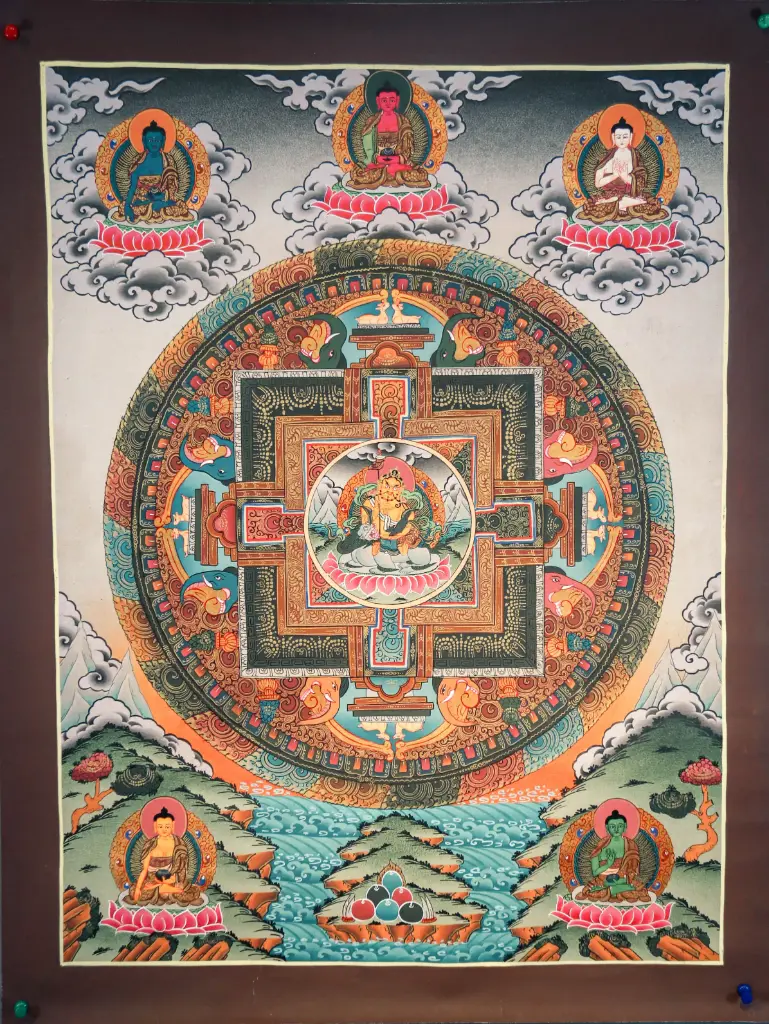 Yellow Jambhala Thangka – Palace Mandala with Five Buddhas