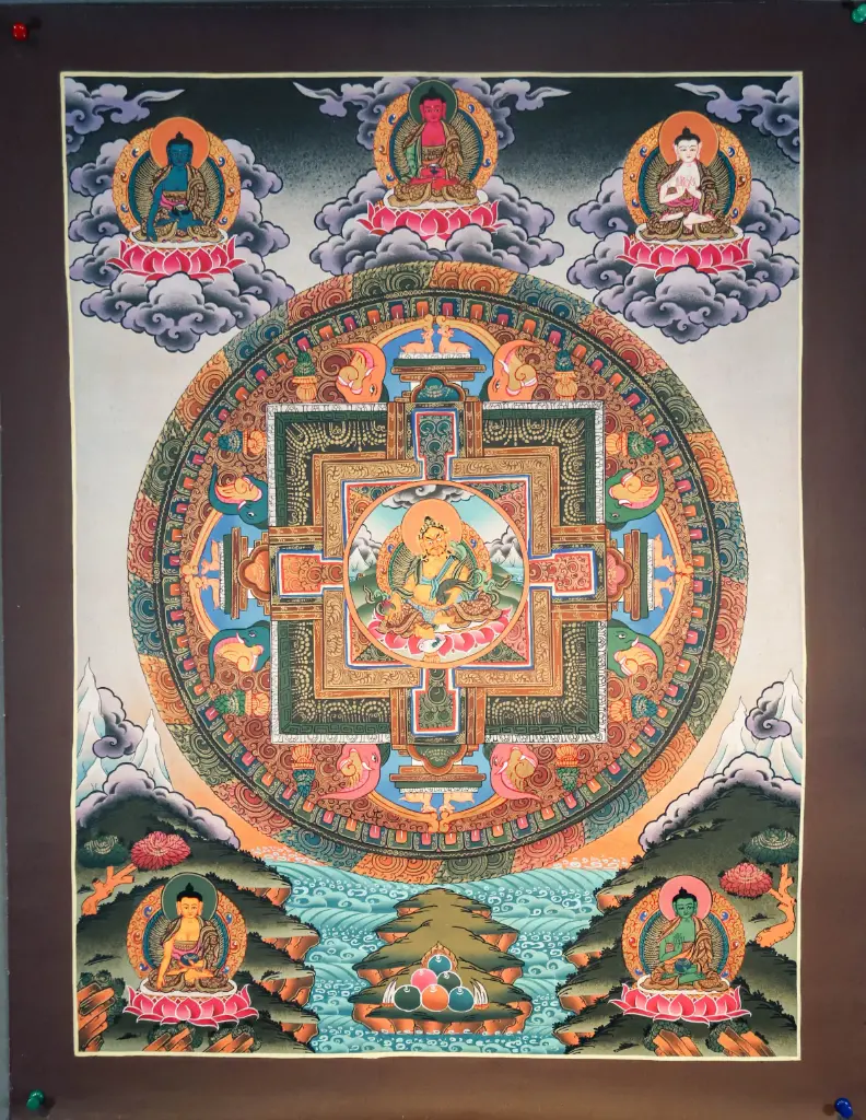 Yellow Jambhala Thangka – Palace Mandala with Five Buddhas