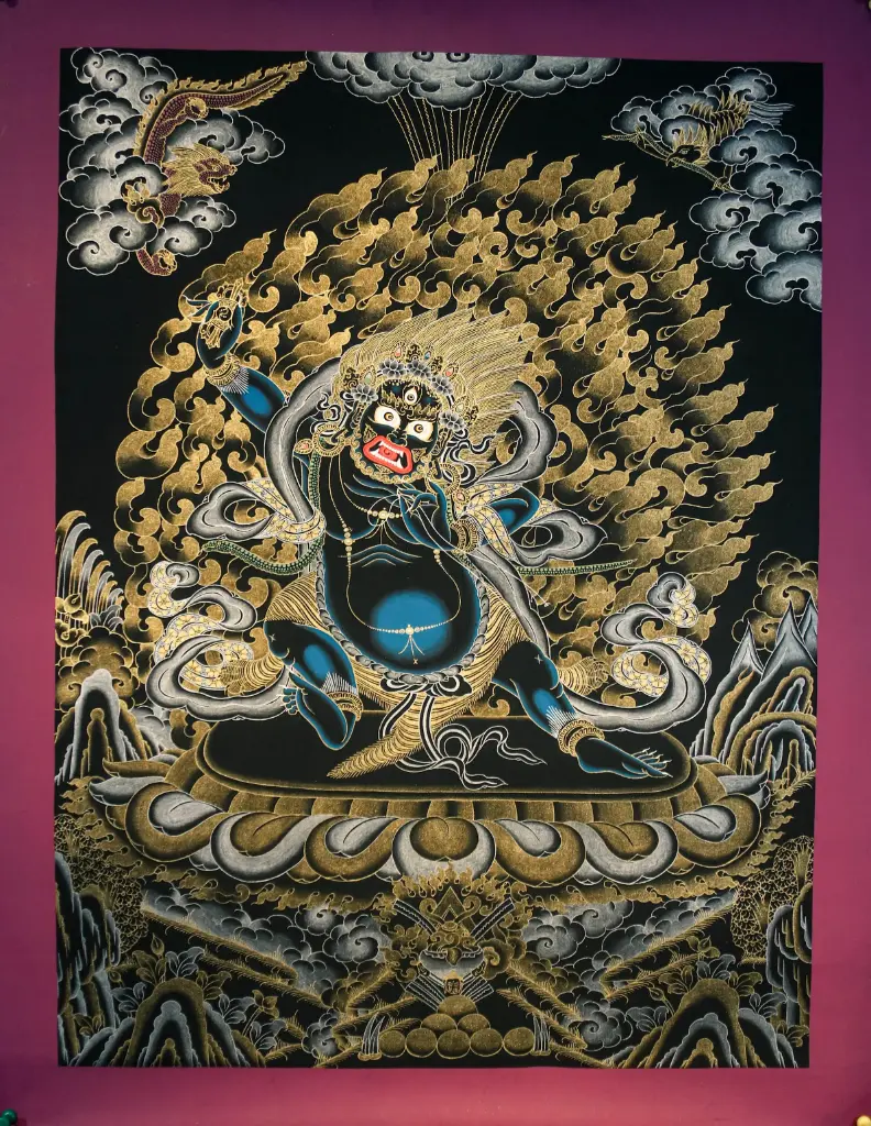 Nagthang Vajrapani Thangka – Lord of Power – Gold on Black Protection