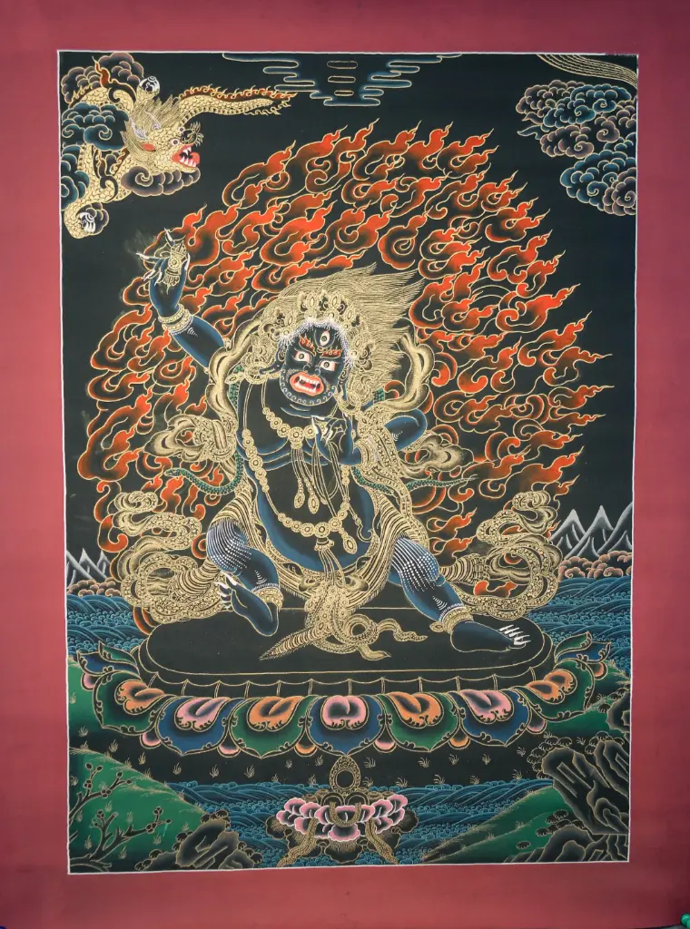 Nagthang Vajrapani Thangka – Lord of Power – Gold on Black Protection 