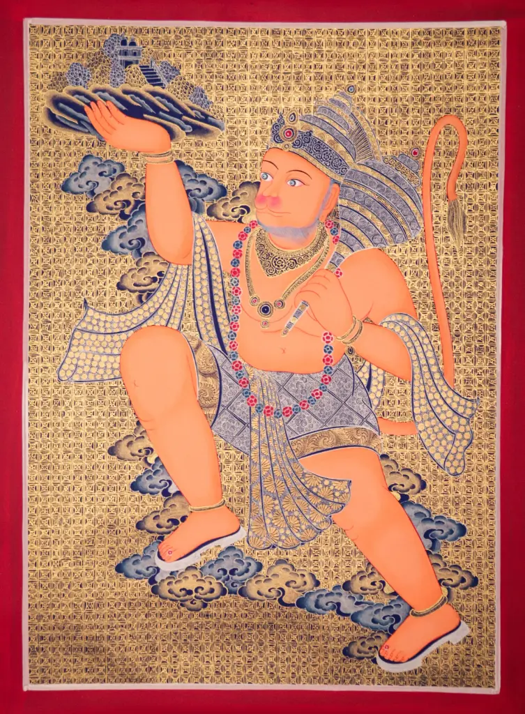 Lord Hanuman Gold Thangka – Carrying Dronagiri Hill – Newari Style