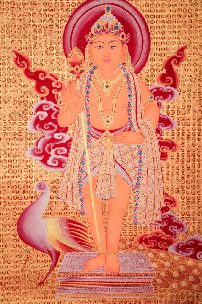 Kumar Kartikeya Thangka – Standing Vel and Mayura – Newari Style