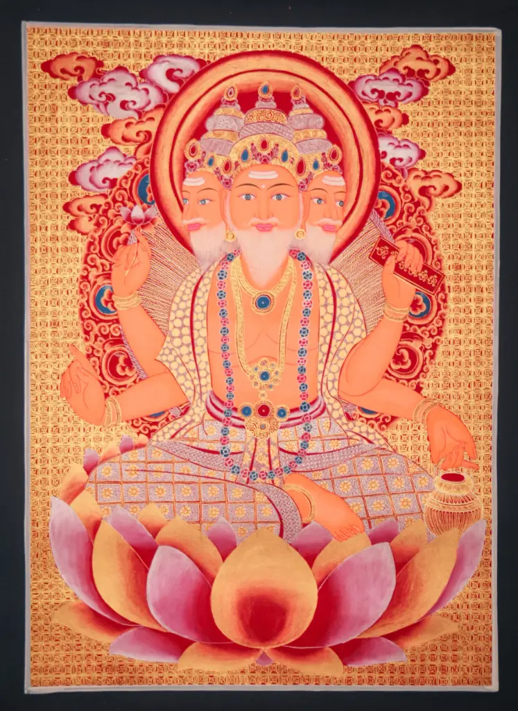 Lord Brahma Thangka – Four-Faced Golden Creator – Newari Style Nepalese