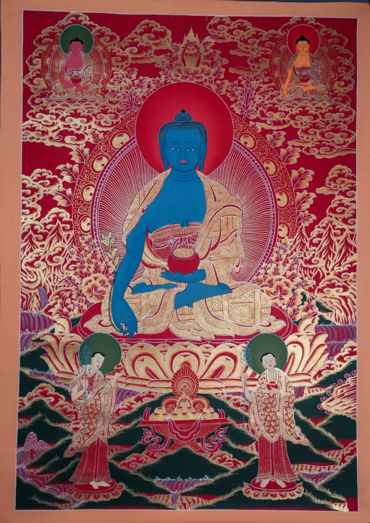 Medicine Buddha Thangka – Marthang Five Deity Assembly