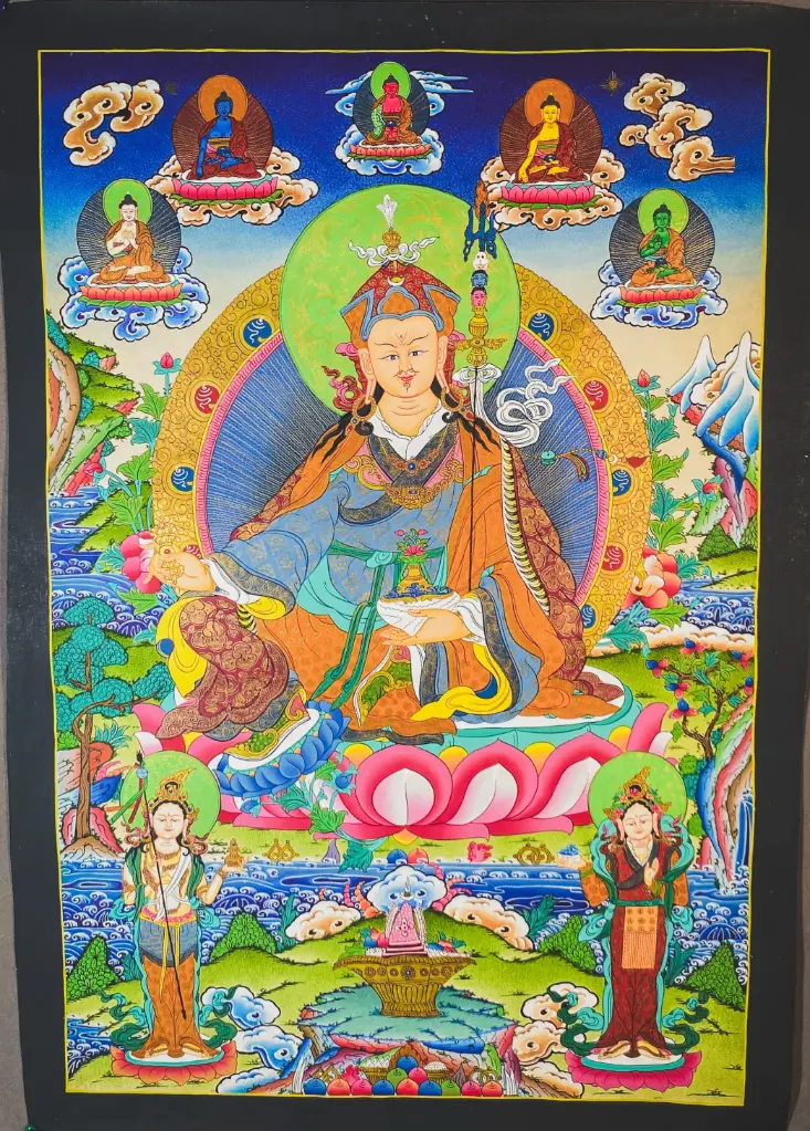 Guru Rinpoche Thangka – Five Dhyani Assembly – Master of Unshakable Wisdom