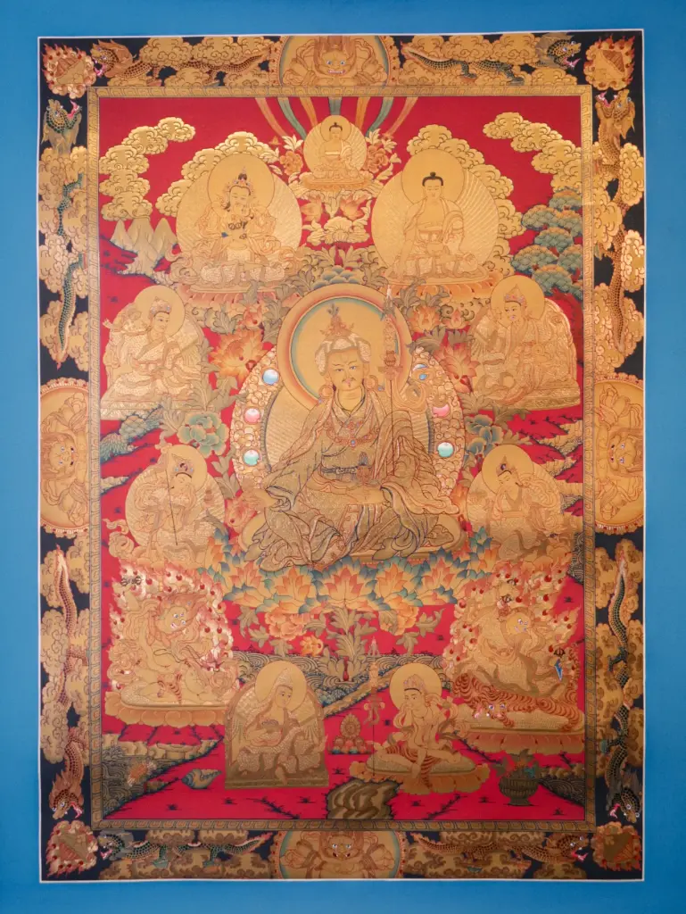 Guru Rinpoche Thangka – Golden Marthang Style – Assembly of the Eight Manifestations