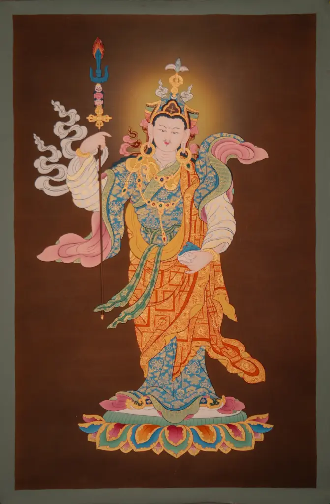 Guru Rinpoche Thangka – Standing Khaṭvāṅga Staff – Karma Gardri Style Tibetan 