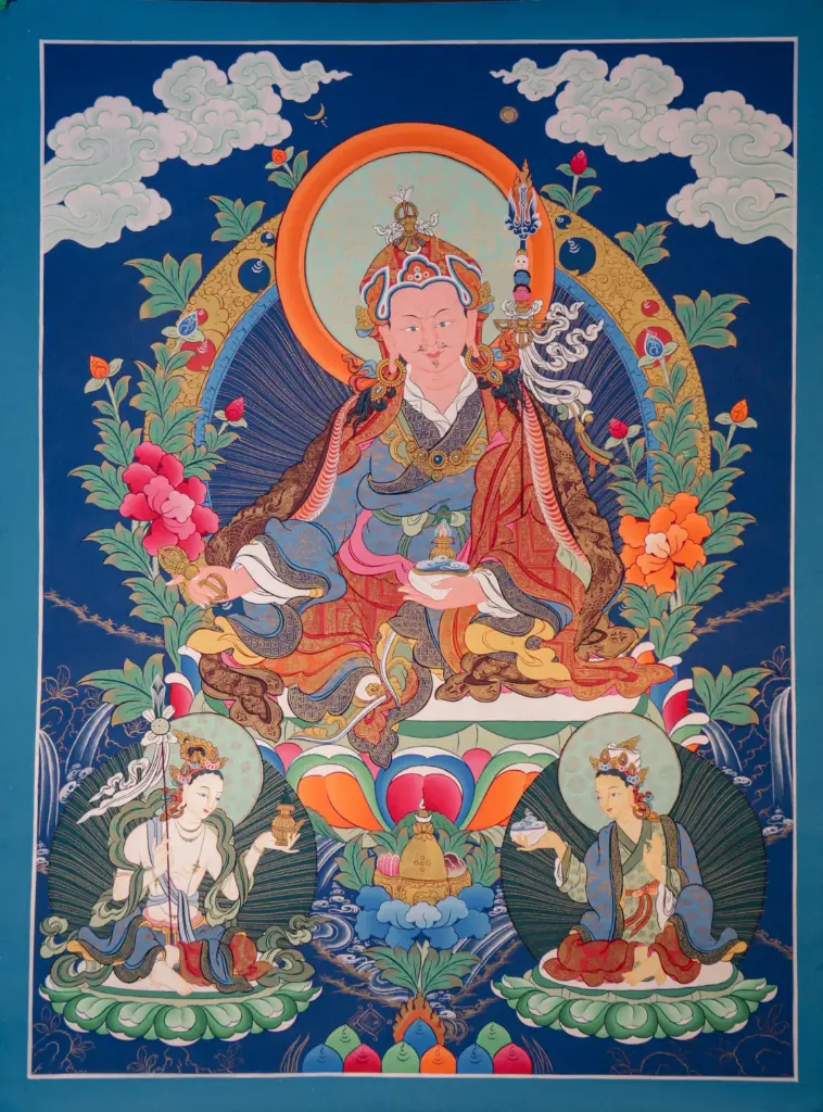 Guru Rinpoche Thangka – The Lotus Master and Consorts – Wisdom and Method